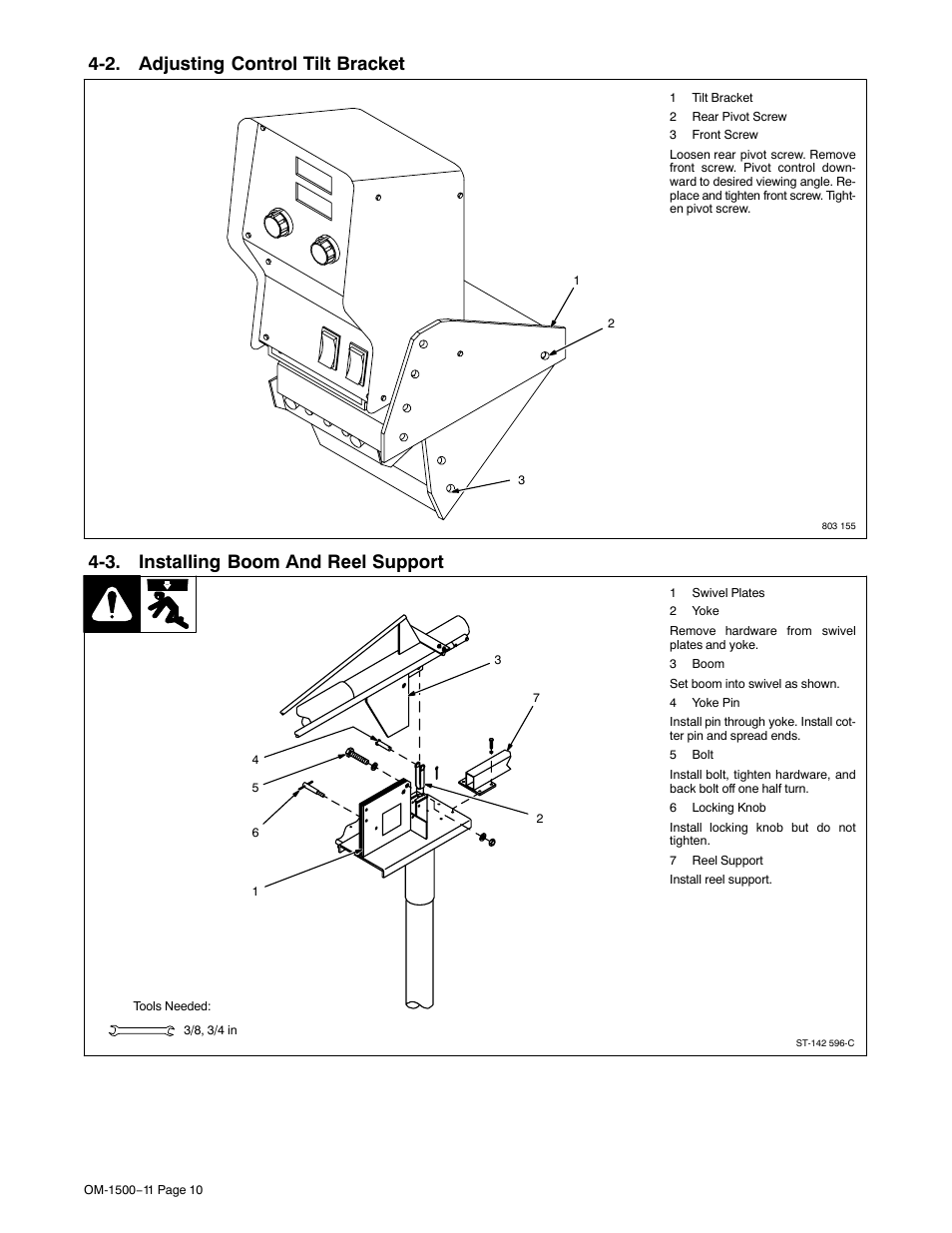 2. adjusting control tilt bracket, 3. installing boom and reel support | Miller Electric SS-74S12 User Manual | Page 14 / 40