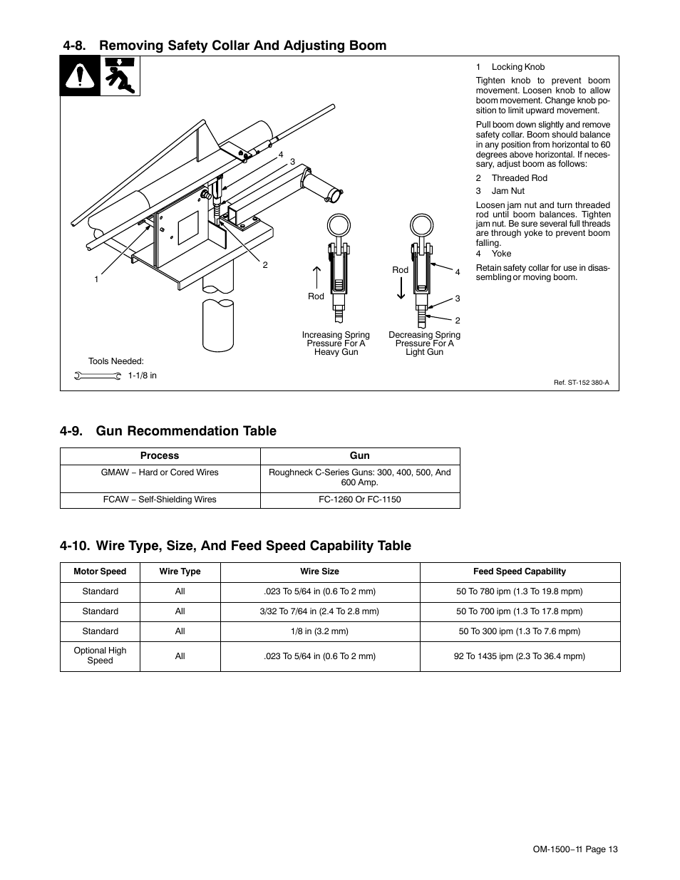 8. removing safety collar and adjusting boom, 9. gun recommendation table | Miller Electric SS-74S12 User Manual | Page 17 / 40