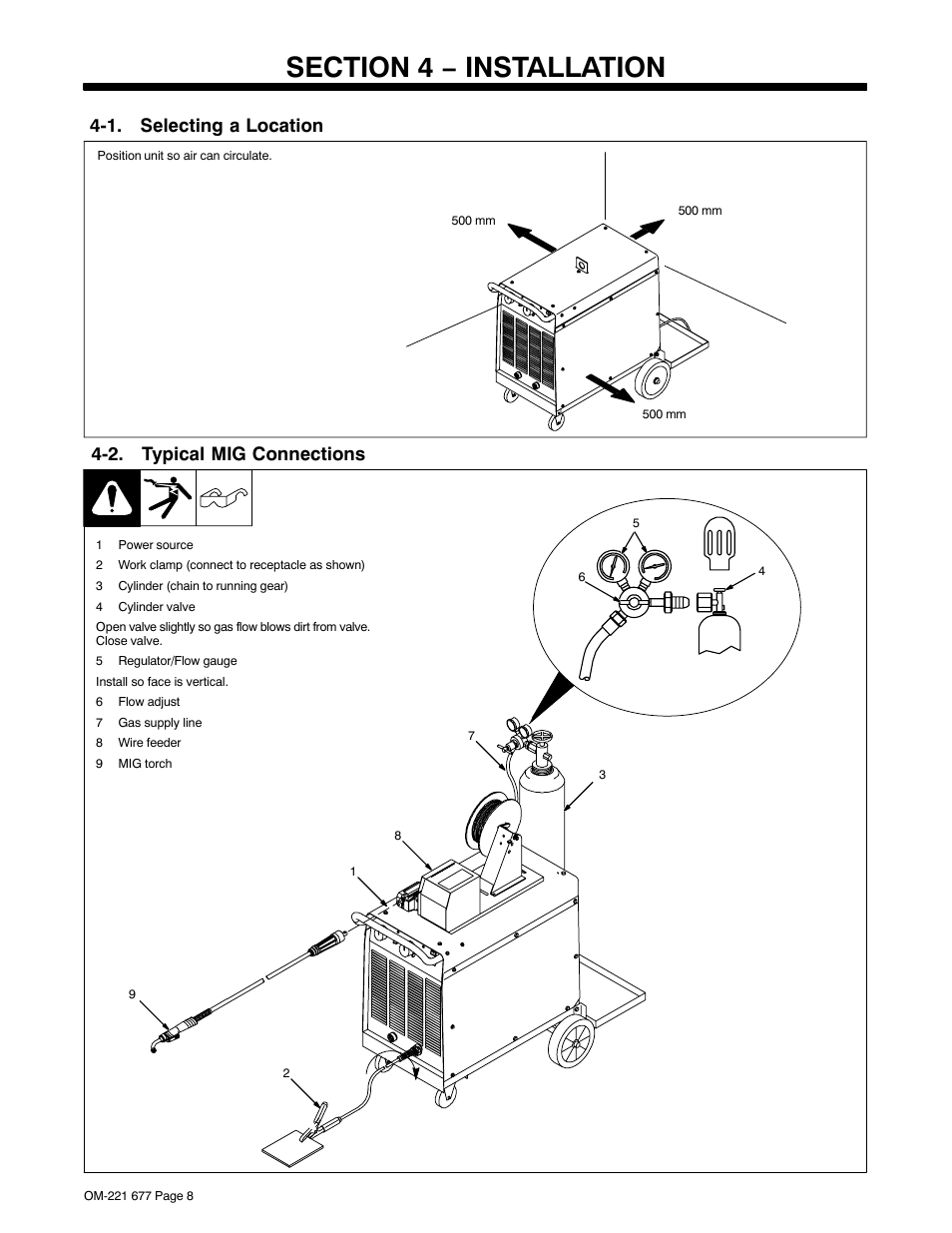 Section 4 − installation, 1. selecting a location, 2. typical mig connections | Miller Electric Blu-Fab 3500 User Manual | Page 12 / 28