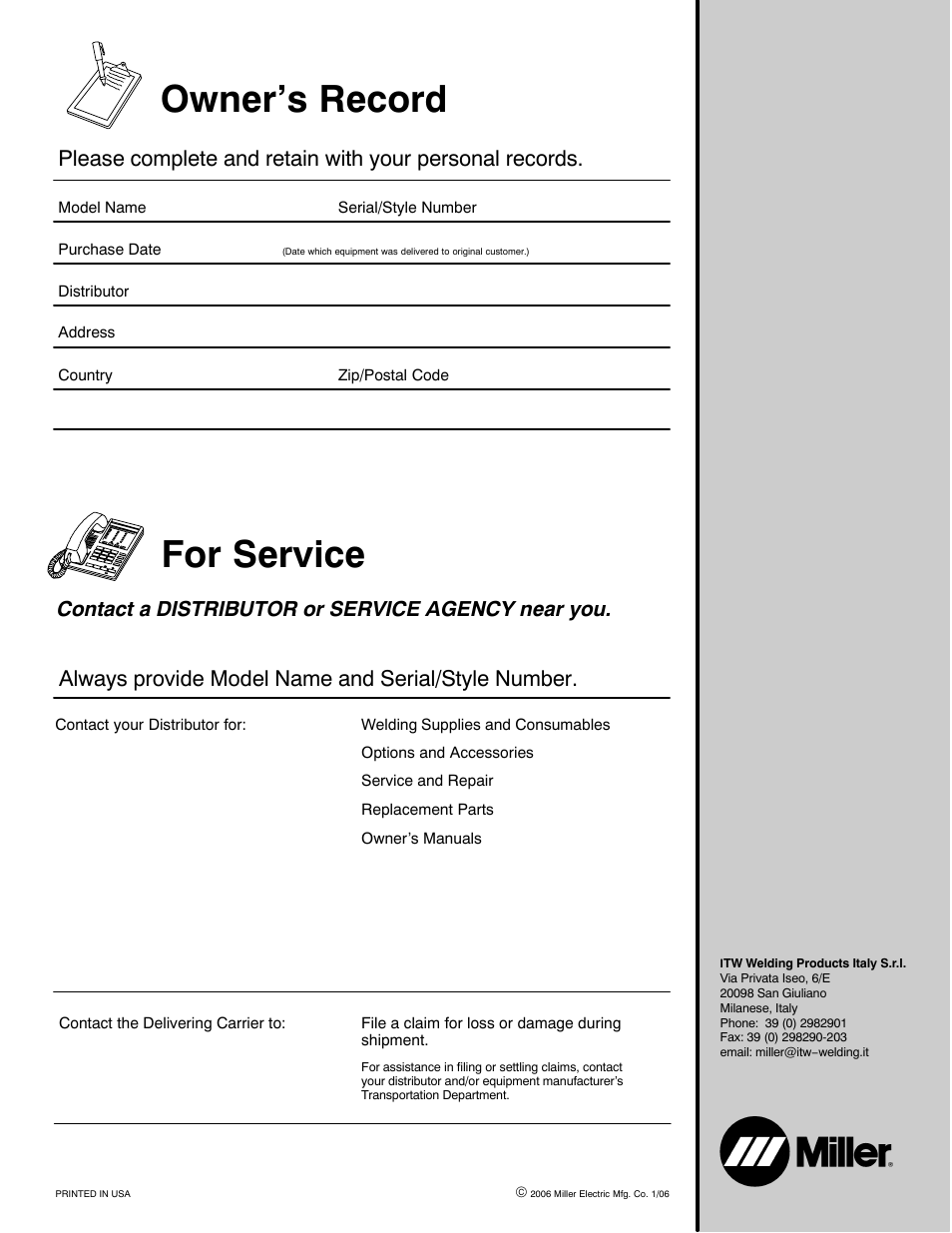 Owner’s record, For service, Always provide model name and serial/style number | Contact a distributor or service agency near you | Miller Electric Blu-Fab 3500 User Manual | Page 28 / 28