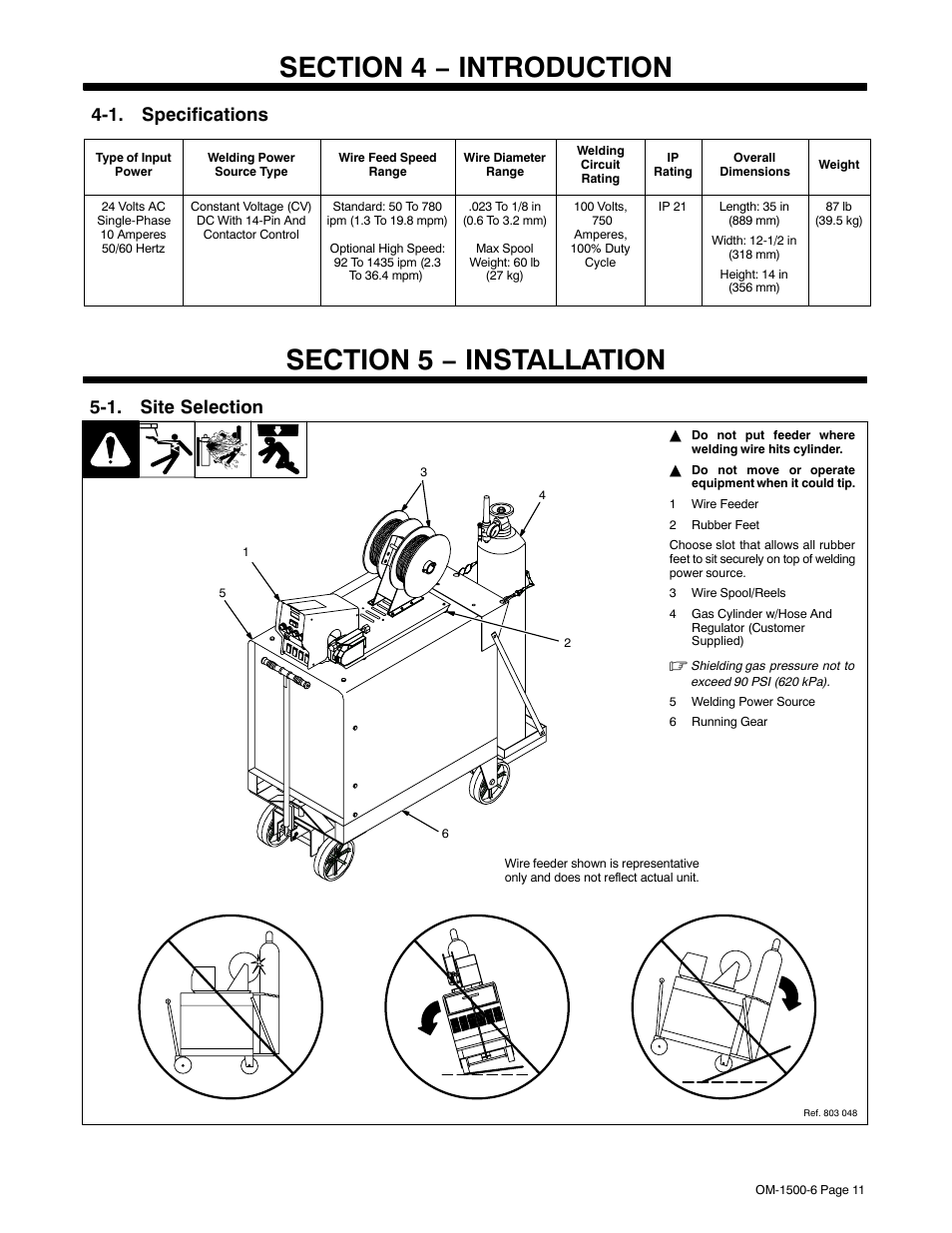 Section 4 − introduction, 1. specifications, Section 5 − installation | 1. site selection | Miller Electric D-74S User Manual | Page 15 / 40