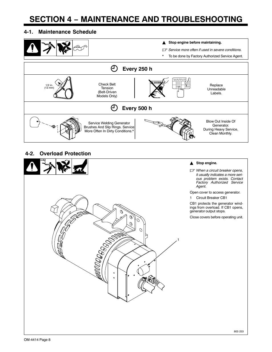 Section 4 − maintenance and troubleshooting, 1. maintenance schedule, 2. overload protection | Every 250 h, Every 500 h | Miller Electric Belt/Hydraulic-Driven Generator User Manual | Page 10 / 24