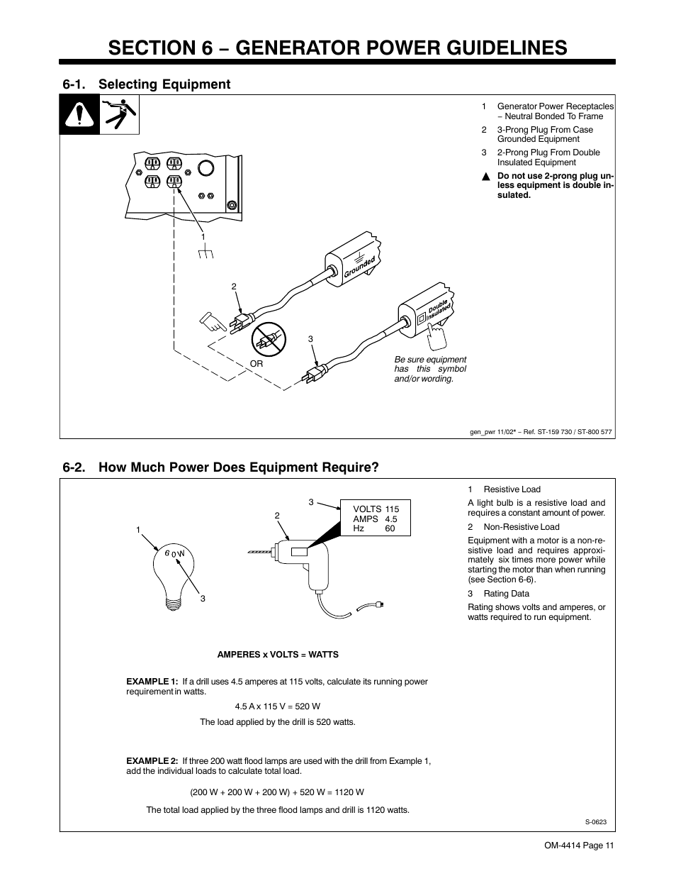 Section 6 − generator power guidelines, 1. selecting equipment, 2. how much power does equipment require | Miller Electric Belt/Hydraulic-Driven Generator User Manual | Page 13 / 24