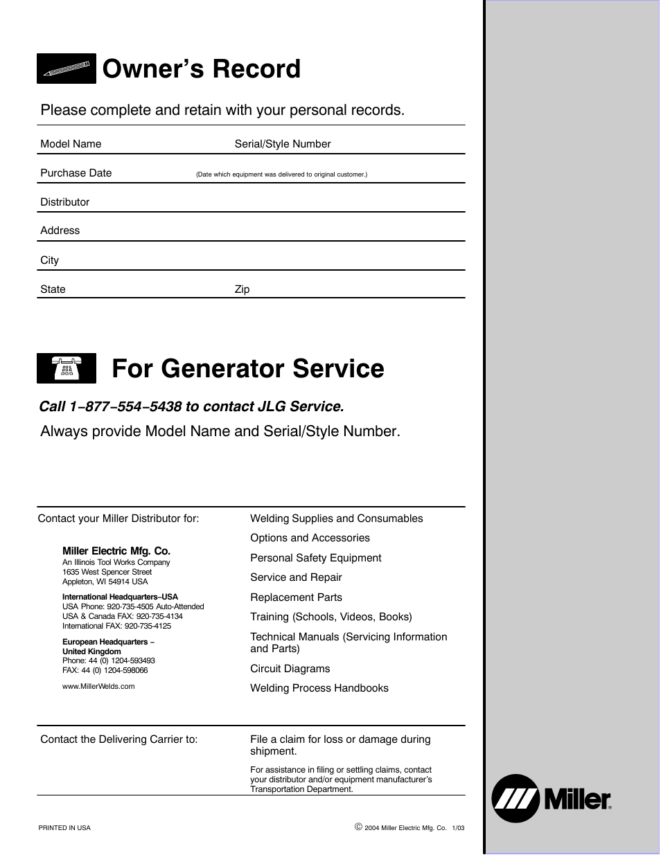 For generator service owner’s record | Miller Electric Belt/Hydraulic-Driven Generator User Manual | Page 24 / 24