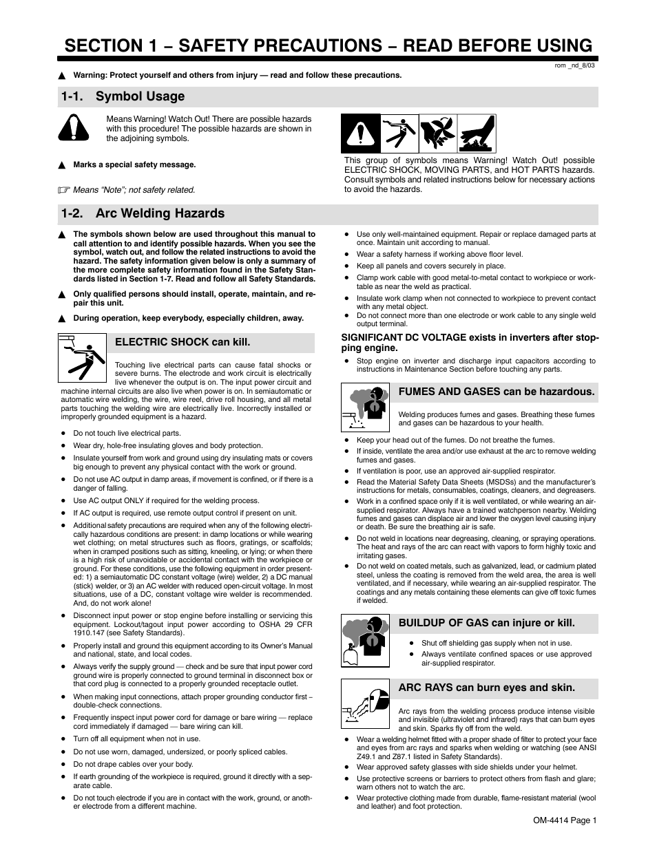 Section 1 − safety precautions − read before using, 1. symbol usage, 2. arc welding hazards | Electric shock can kill, Fumes and gases can be hazardous, Buildup of gas can injure or kill, Arc rays can burn eyes and skin | Miller Electric Belt/Hydraulic-Driven Generator User Manual | Page 3 / 24