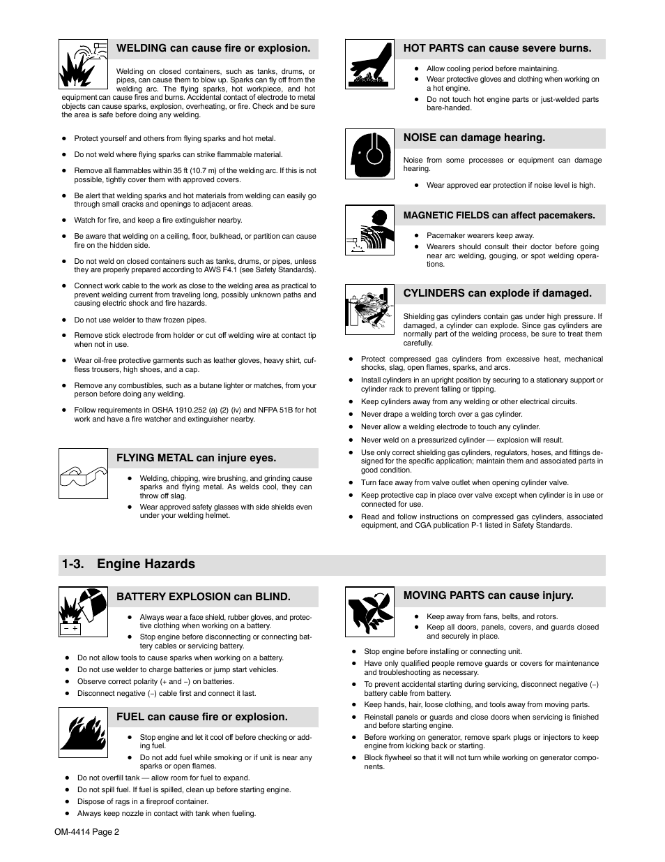 3. engine hazards, Welding can cause fire or explosion, Flying metal can injure eyes | Hot parts can cause severe burns, Noise can damage hearing, Cylinders can explode if damaged, Battery explosion can blind, Fuel can cause fire or explosion, Moving parts can cause injury | Miller Electric Belt/Hydraulic-Driven Generator User Manual | Page 4 / 24