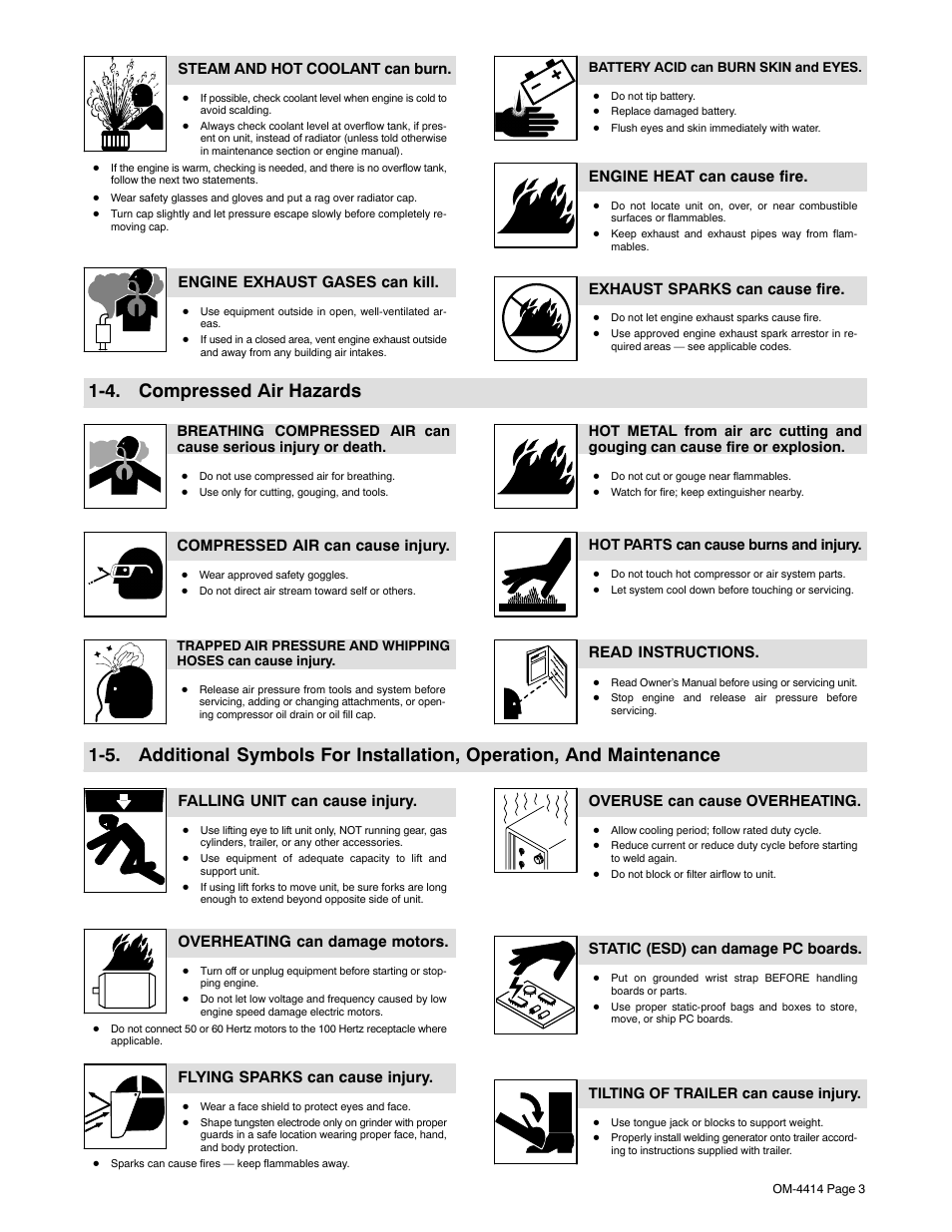 4. compressed air hazards, Steam and hot coolant can burn, Engine exhaust gases can kill | Engine heat can cause fire, Exhaust sparks can cause fire, Compressed air can cause injury, Read instructions, Falling unit can cause injury, Overheating can damage motors, Flying sparks can cause injury | Miller Electric Belt/Hydraulic-Driven Generator User Manual | Page 5 / 24