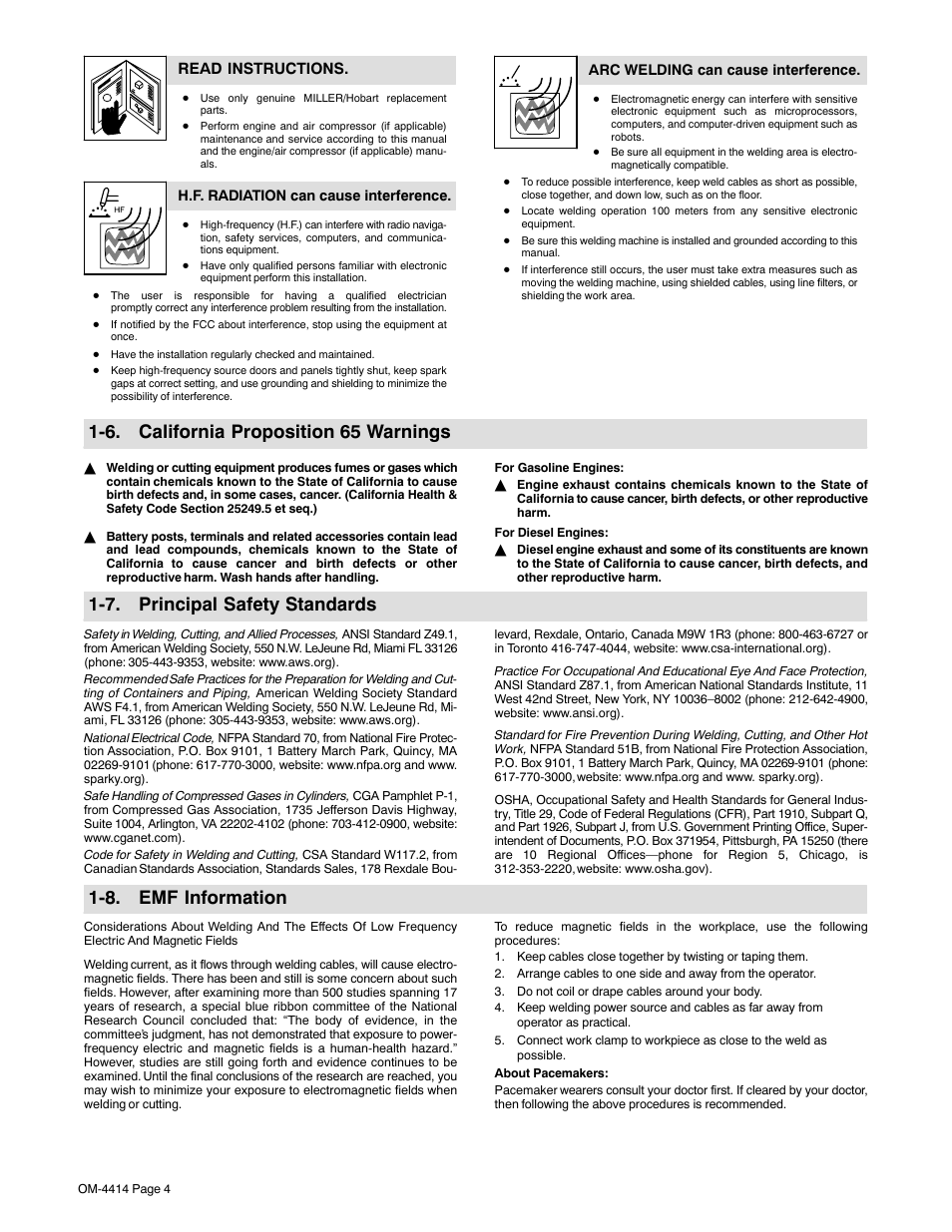 6. california proposition 65 warnings, 7. principal safety standards, 8. emf information | Miller Electric Belt/Hydraulic-Driven Generator User Manual | Page 6 / 24