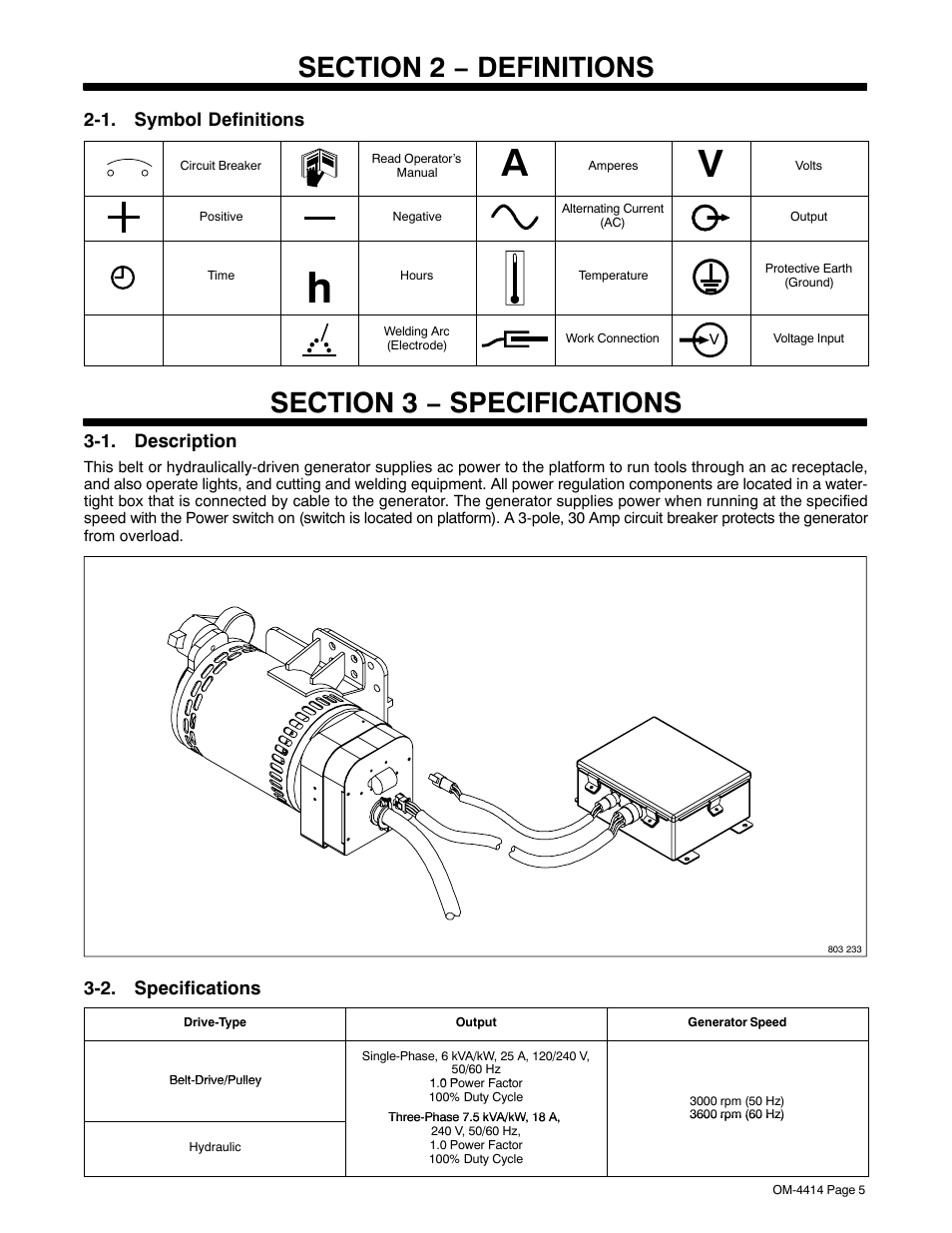 Section 2 − definitions, 1. symbol definitions, Section 3 − specifications | 1. description, 2. specifications | Miller Electric Belt/Hydraulic-Driven Generator User Manual | Page 7 / 24