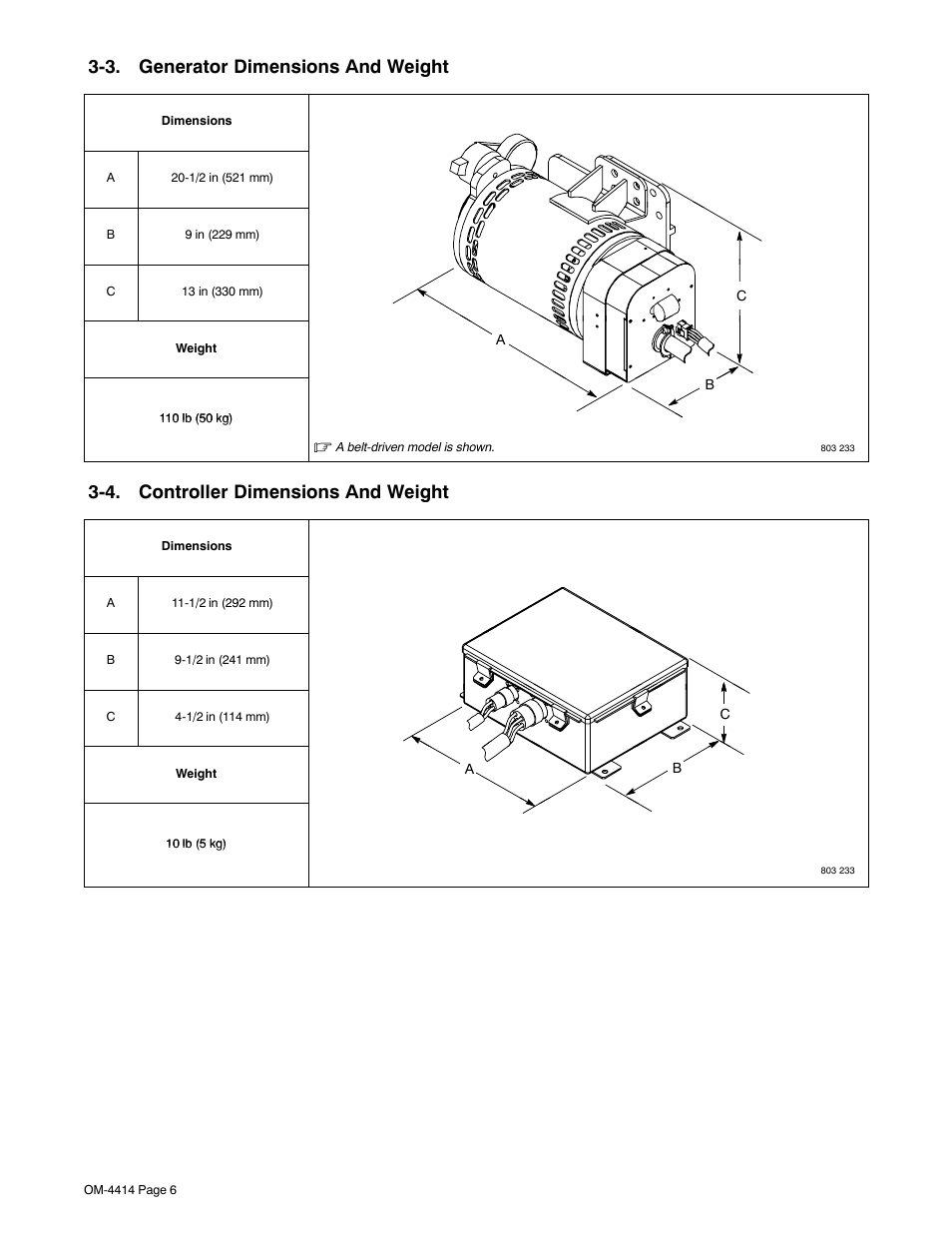 3. generator dimensions and weight, 4. controller dimensions and weight | Miller Electric Belt/Hydraulic-Driven Generator User Manual | Page 8 / 24