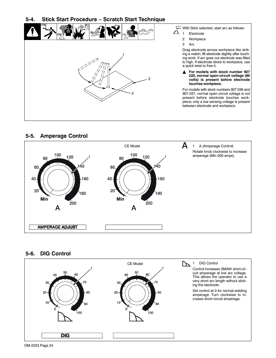 Section 6 − maintenance and troubleshooting, 1. routine maintenance, 2. blowing out inside of unit | See section 5-5, See section 5-6, 4. stick start procedure − scratch start technique, 5. amperage control, 6. dig control | Miller Electric Maxstar 200 STR User Manual | Page 30 / 56