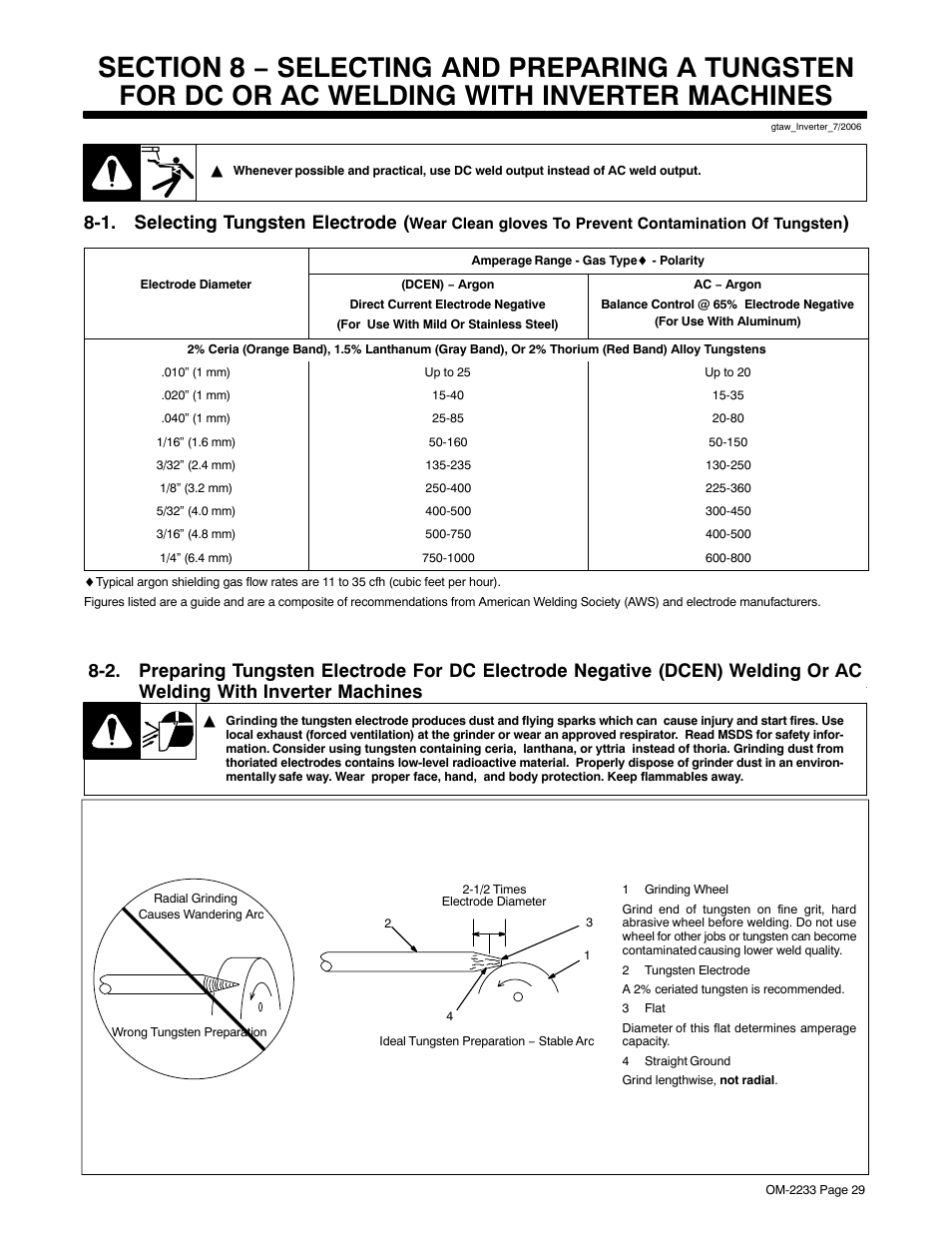 Use proper size tungsten (see section 8, Use properly prepared tungsten (see section 8), 1. selecting tungsten electrode | Miller Electric Maxstar 200 STR User Manual | Page 35 / 56
