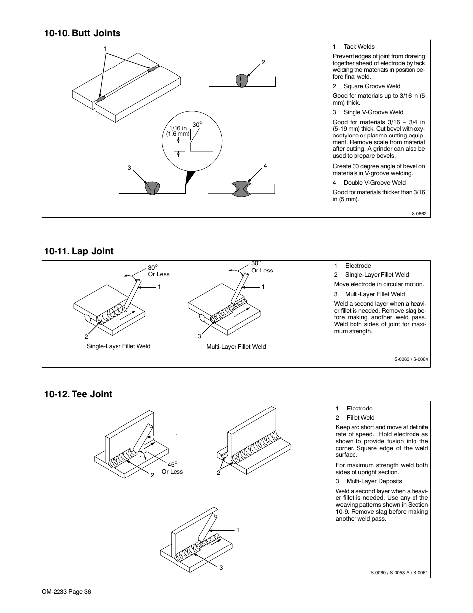 Butt joints, Lap joint, Tee joint | 10. butt joints, 11. lap joint, 12. tee joint | Miller Electric Maxstar 200 STR User Manual | Page 42 / 56