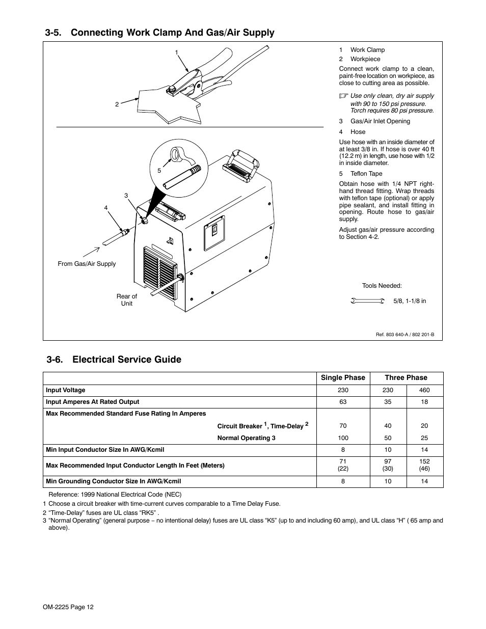 5. connecting work clamp and gas/air supply, 6. electrical service guide | Miller Electric 3080 User Manual | Page 16 / 32