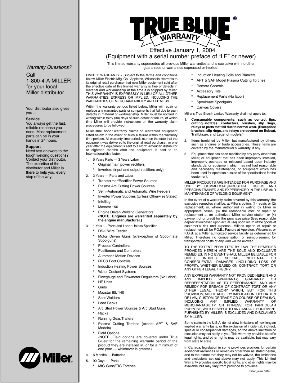 Warranty questions | Miller Electric 3080 User Manual | Page 31 / 32