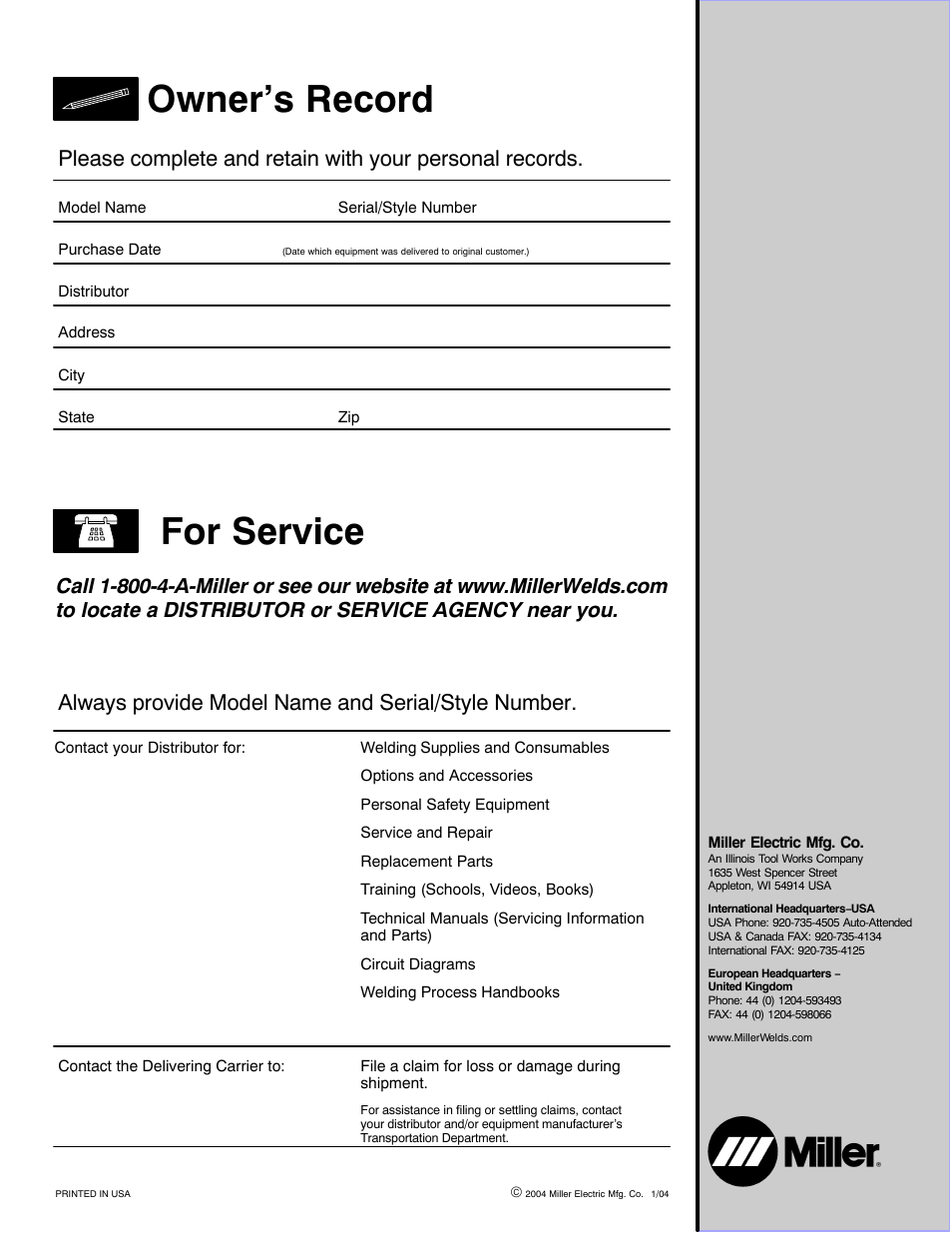 For service owner’s record | Miller Electric 3080 User Manual | Page 32 / 32