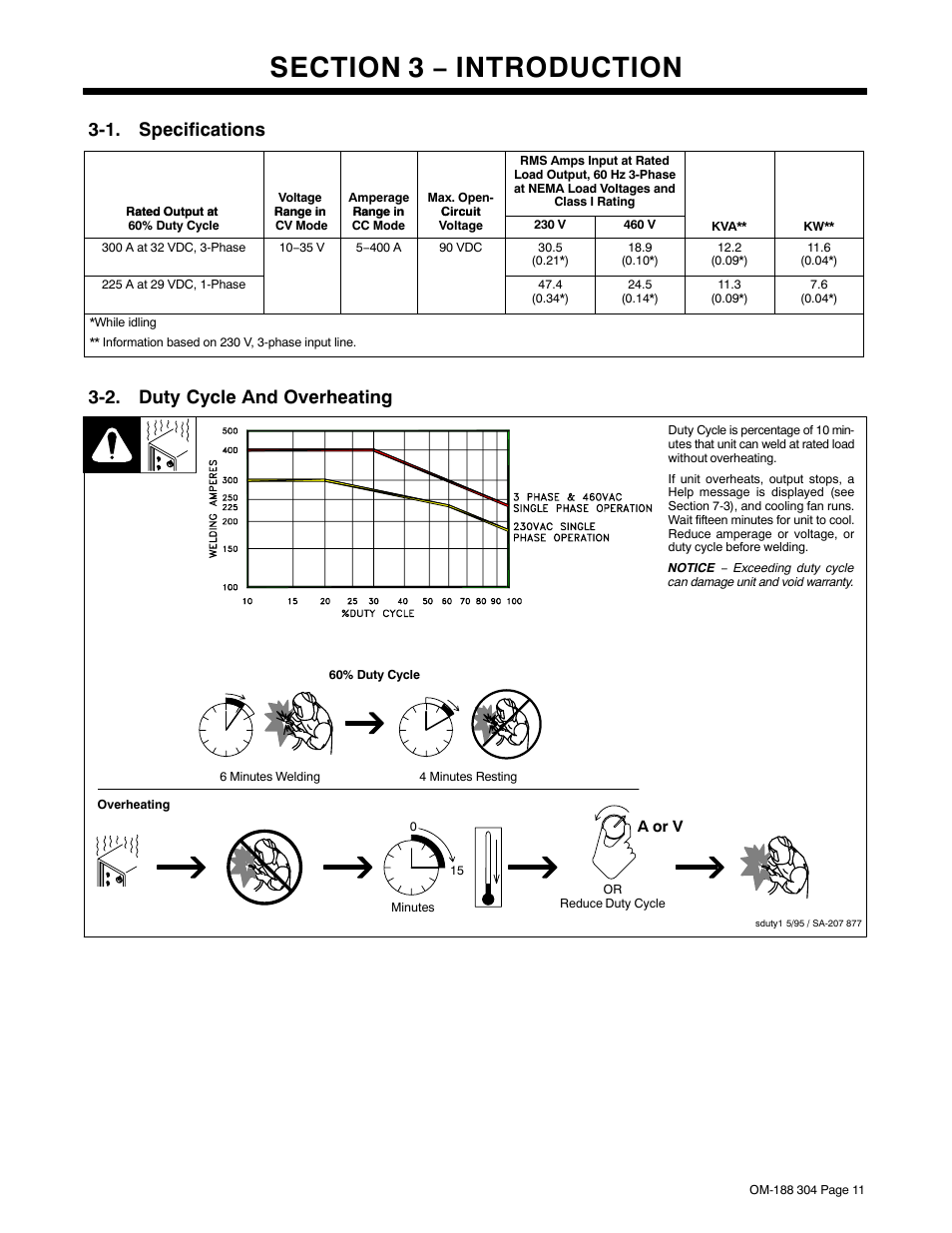 Section 3 − introduction, 1. specifications, 2. duty cycle and overheating | Miller Electric 460Volt User Manual | Page 15 / 48