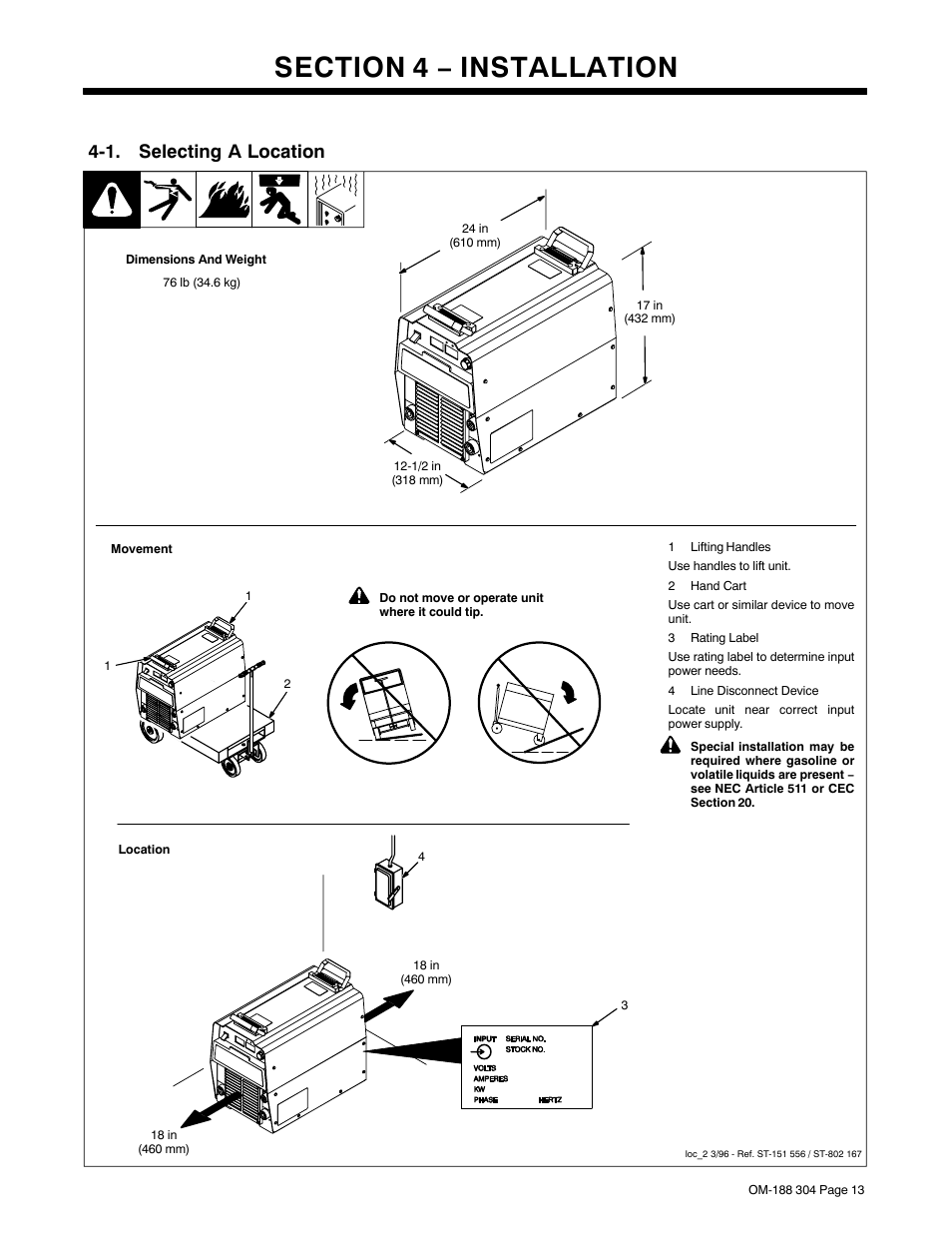 Section 4 − installation, 1. selecting a location | Miller Electric 460Volt User Manual | Page 17 / 48