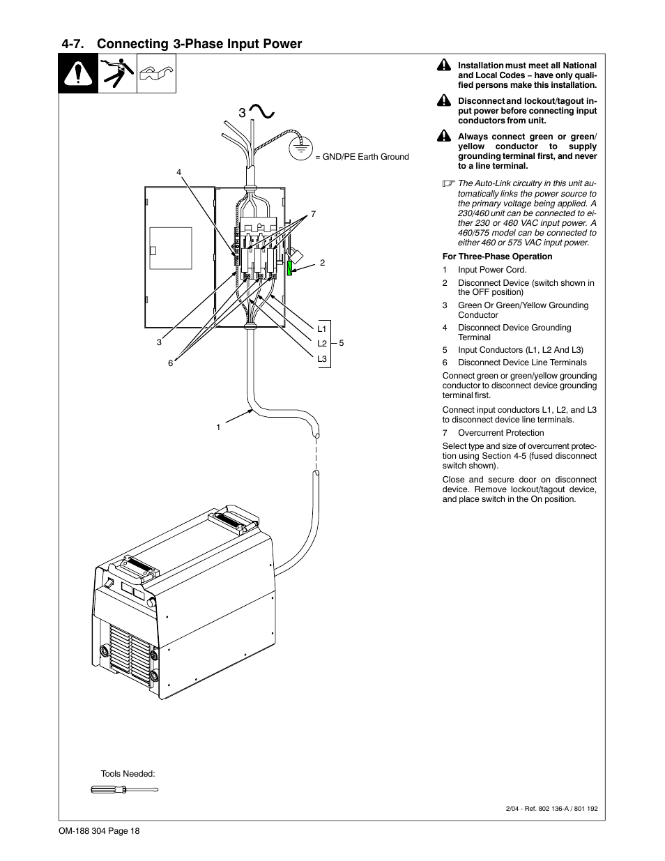 7. connecting 3-phase input power | Miller Electric 460Volt User Manual | Page 22 / 48