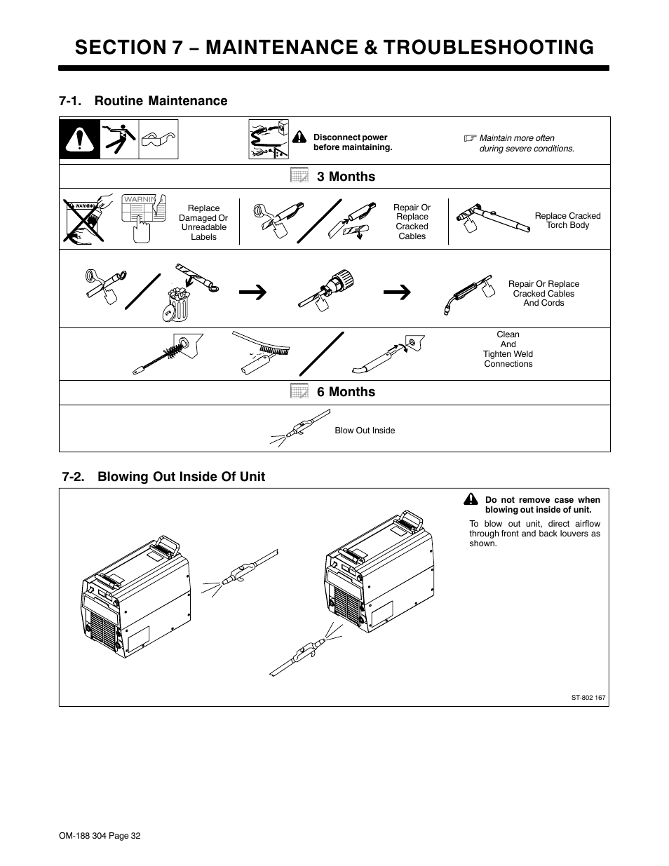 Section 7 − maintenance & troubleshooting, 1. routine maintenance, 2. blowing out inside of unit | 3 months, 6 months | Miller Electric 460Volt User Manual | Page 36 / 48