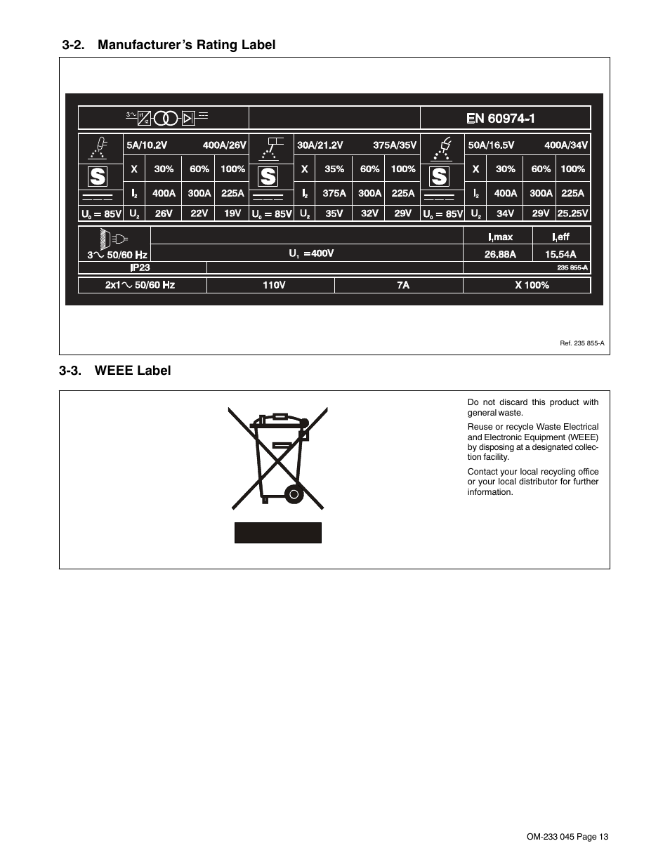 2. manufacturer’s rating label, 3. weee label | Miller Electric XMT 304 CC/CV User Manual | Page 17 / 40