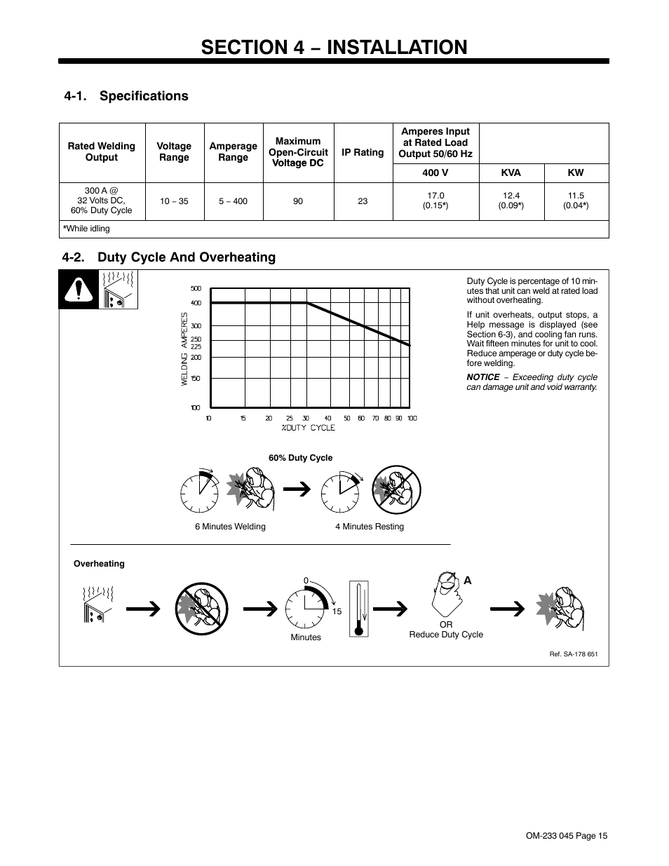 Section 4 − installation, 1. specifications, 2. duty cycle and overheating | Miller Electric XMT 304 CC/CV User Manual | Page 19 / 40