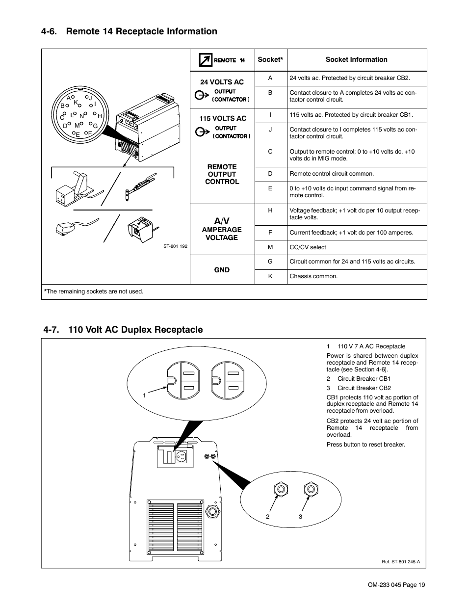 6. remote 14 receptacle information, 7. 110 volt ac duplex receptacle | Miller Electric XMT 304 CC/CV User Manual | Page 23 / 40