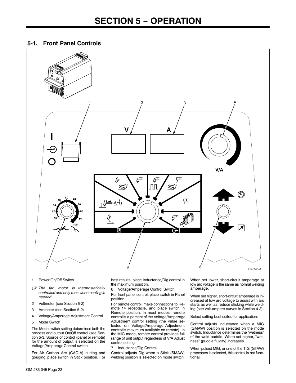 Section 5 − operation, 1. front panel controls | Miller Electric XMT 304 CC/CV User Manual | Page 26 / 40