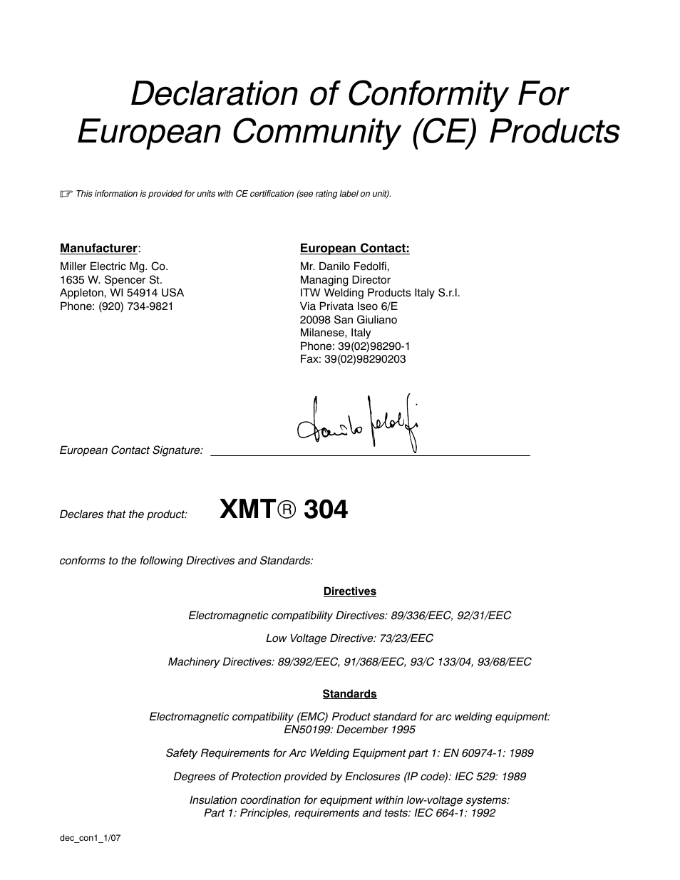 Xmt ® 304 | Miller Electric XMT 304 CC/CV User Manual | Page 4 / 40