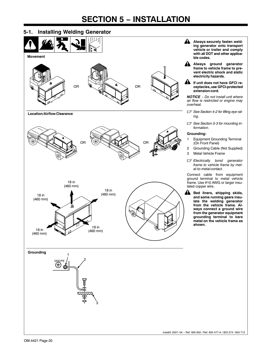 Section 5 − installation, 1. installing welding generator | Miller Electric 400P User Manual | Page 26 / 96