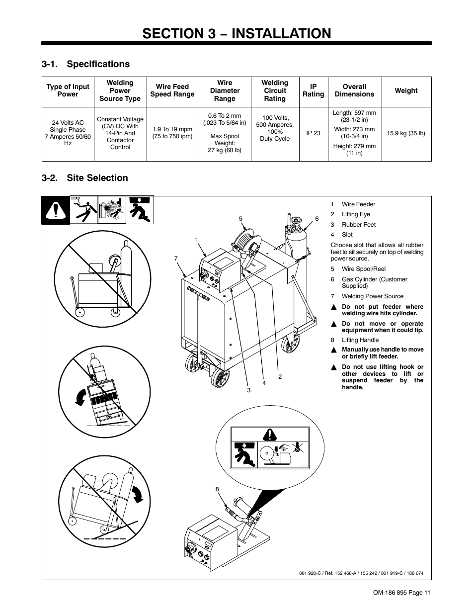 1. specifications, 2. site selection | Miller Electric I-22A & I-24A User Manual | Page 15 / 36