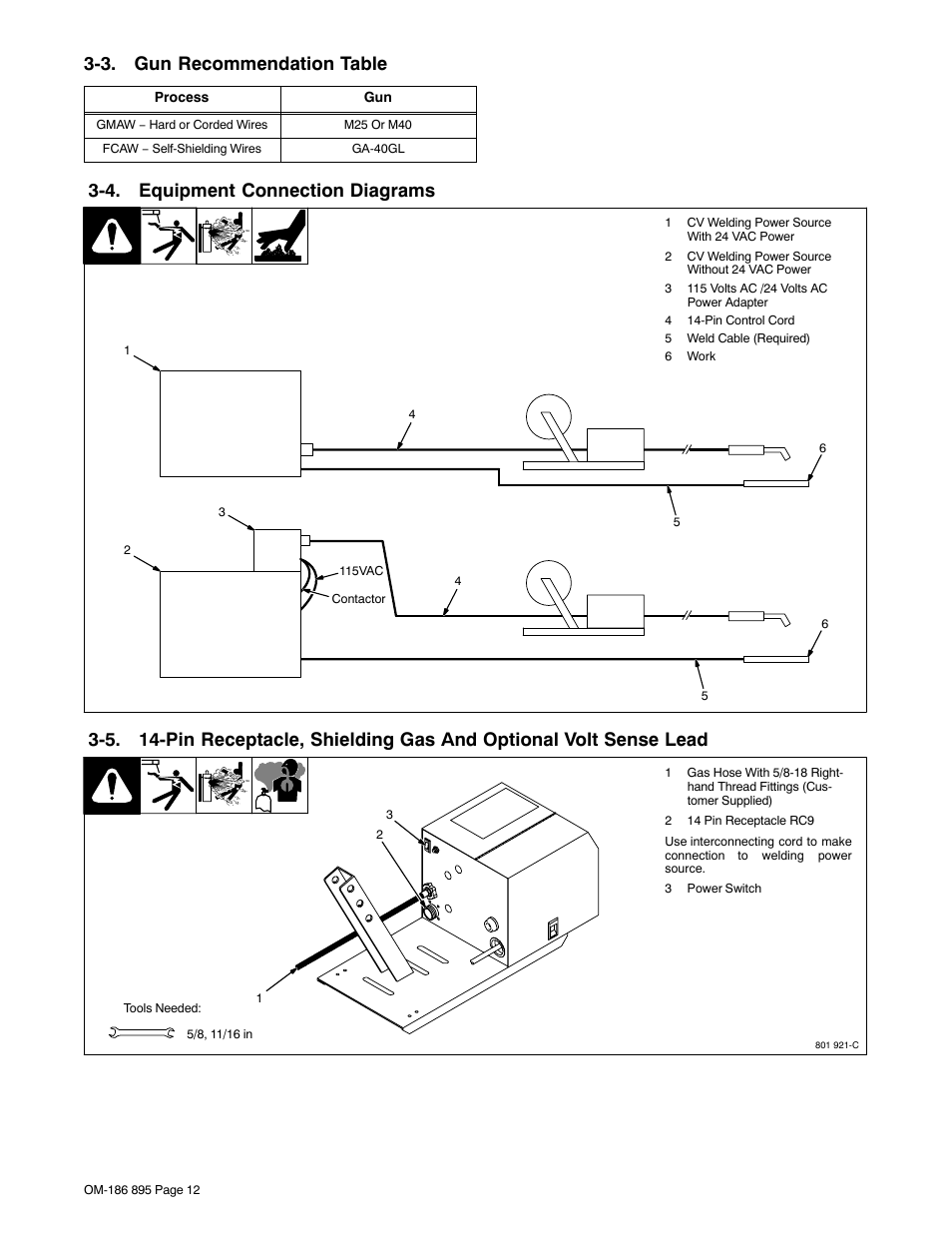 3. gun recommendation table, 4. equipment connection diagrams | Miller Electric I-22A & I-24A User Manual | Page 16 / 36