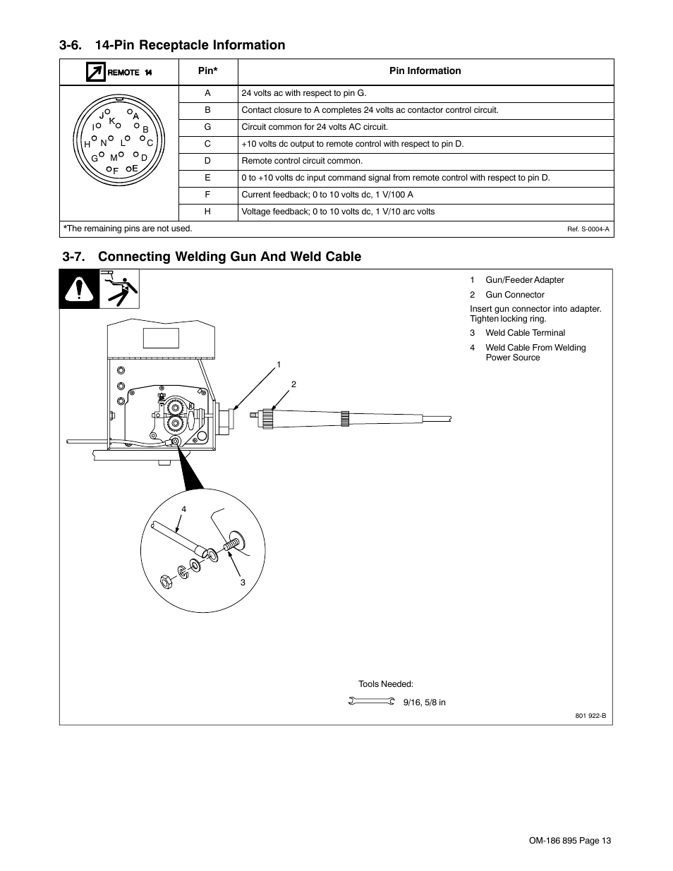 6. 14-pin receptacle information, 7. connecting welding gun and weld cable | Miller Electric I-22A & I-24A User Manual | Page 17 / 36