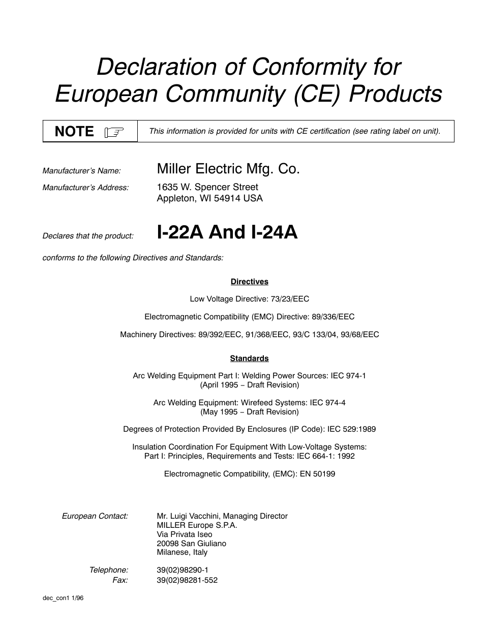 I-22a and i-24a, Miller electric mfg. co | Miller Electric I-22A & I-24A User Manual | Page 4 / 36