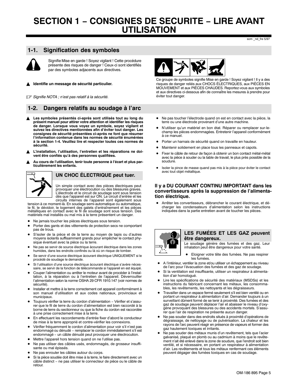 1. signification des symboles, 2. dangers relatifs au soudage à l’arc | Miller Electric I-22A & I-24A User Manual | Page 9 / 36