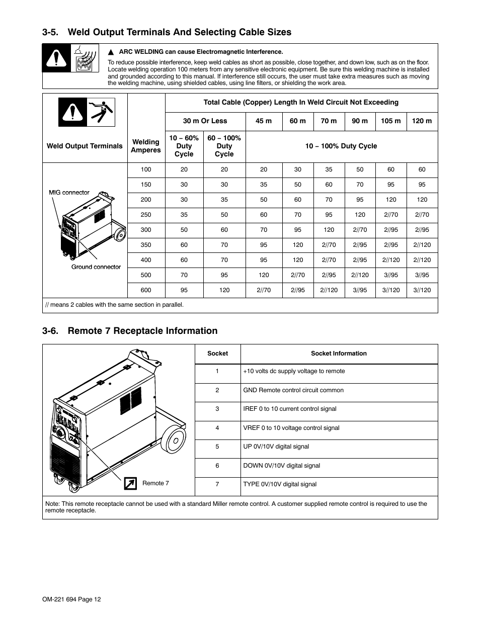 5. weld output terminals and selecting cable sizes, 6. remote 7 receptacle information | Miller Electric XMC 4000 User Manual | Page 16 / 44