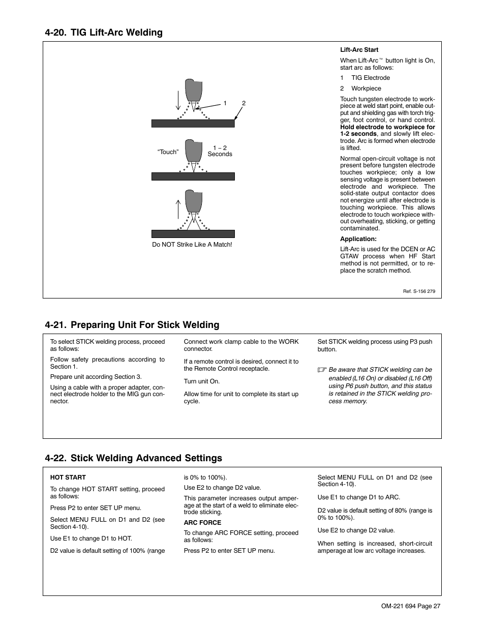 20. tig lift-arc welding, 21. preparing unit for stick welding, 22. stick welding advanced settings | Miller Electric XMC 4000 User Manual | Page 31 / 44