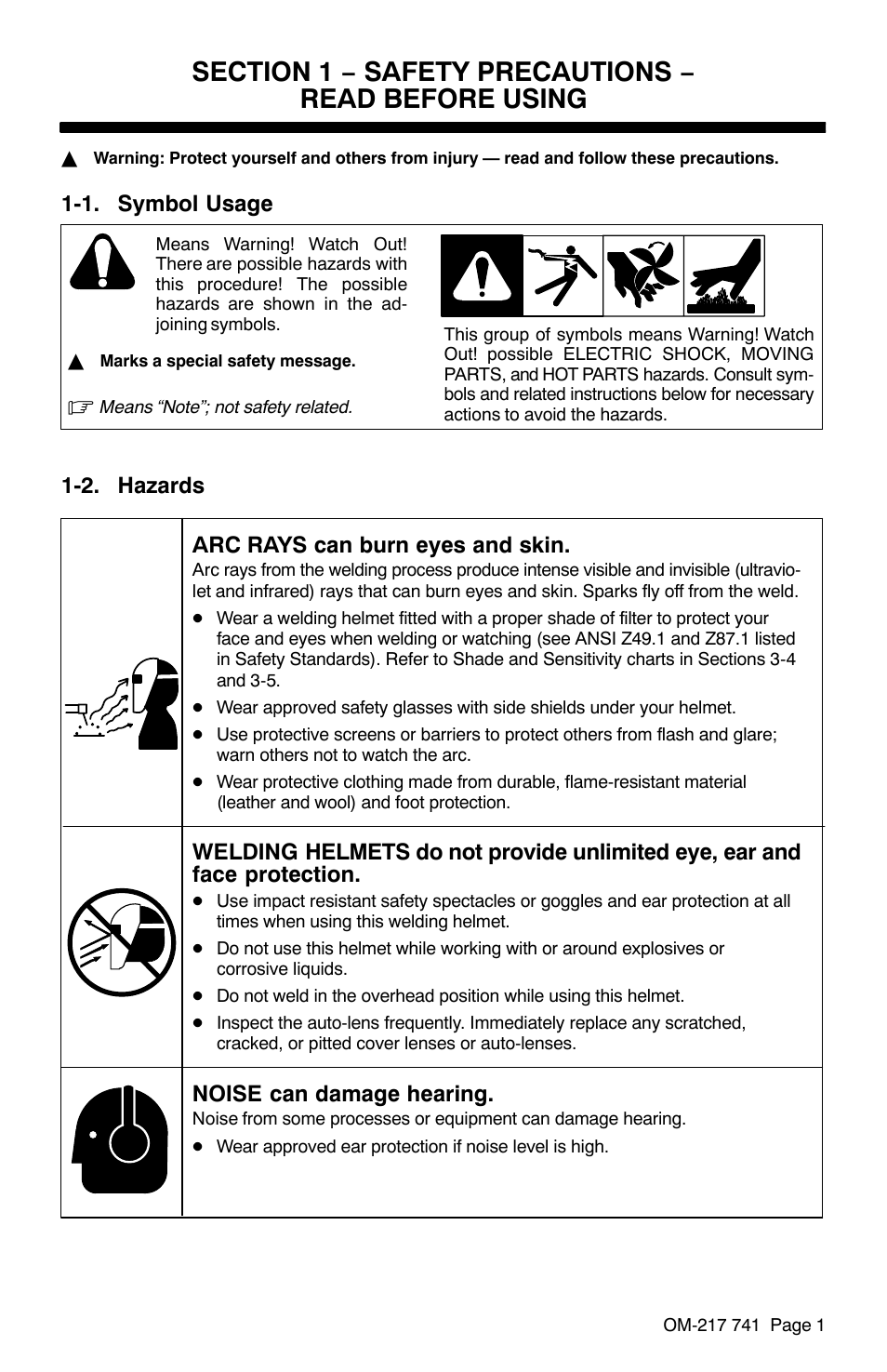 Section 1 − safety precautions − read before using, 1. symbol usage, 2. hazards | 2. hazards arc rays can burn eyes and skin, Noise can damage hearing | Miller Electric Elitet User Manual | Page 3 / 20