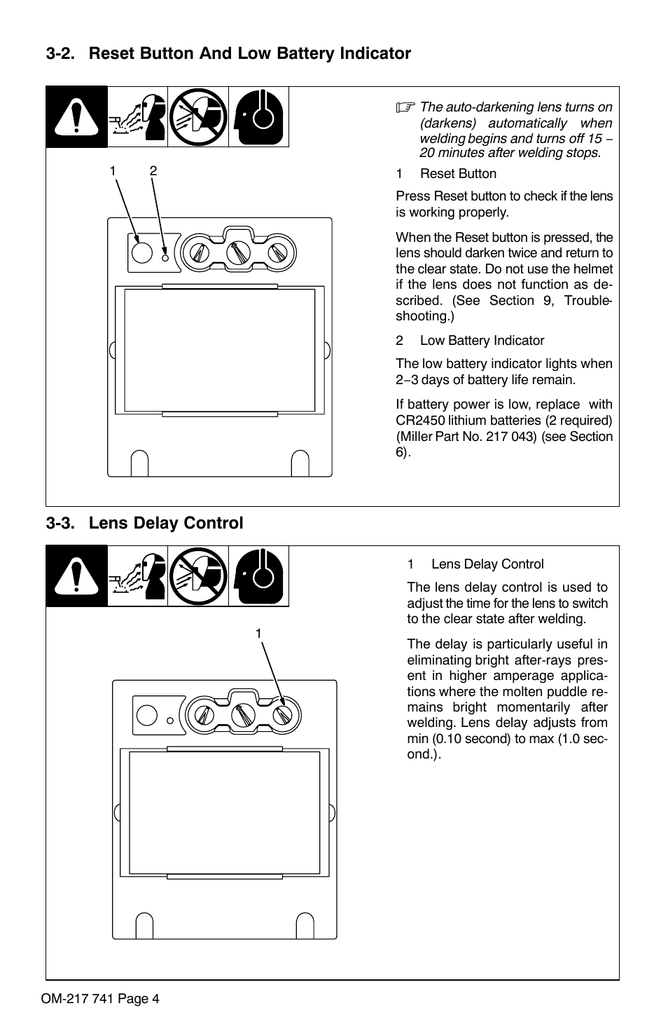 2. reset button and low battery indicator, 3. lens delay control, Section 3-2 | See section 3-2), See section 3-3) | Miller Electric Elitet User Manual | Page 6 / 20