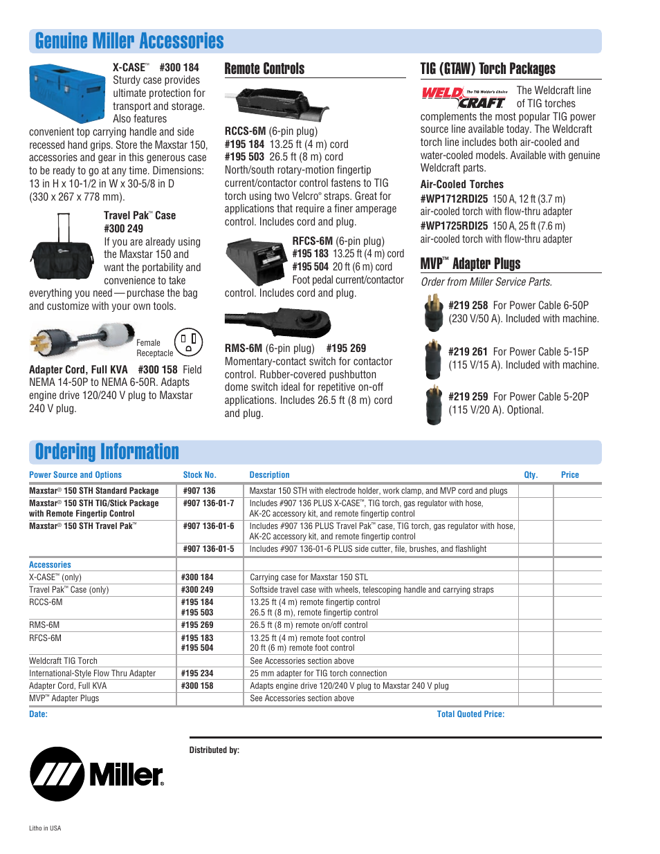 Ordering information, Genuine miller accessories, Remote controls | Tig (gtaw) torch packages, Adapter plugs | Miller Electric 150STH User Manual | Page 4 / 4