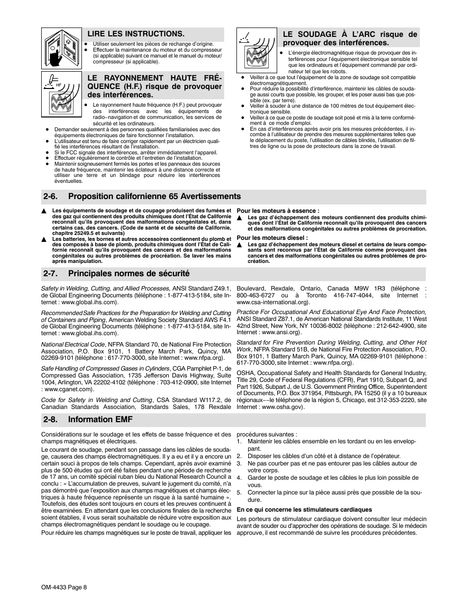 6. proposition californienne 65 avertissements, 7. principales normes de sécurité, 8. information emf | Lire les instructions | Miller Electric Big Blue 300 P User Manual | Page 12 / 72