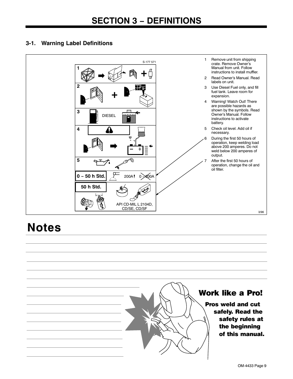 Section 3 − definitions, 1. warning label definitions, Work like a pro | Miller Electric Big Blue 300 P User Manual | Page 13 / 72