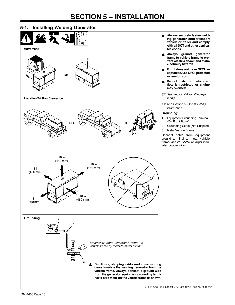 Section 5 − installation, 1. installing welding generator | Miller Electric Big Blue 300 P User Manual | Page 20 / 72