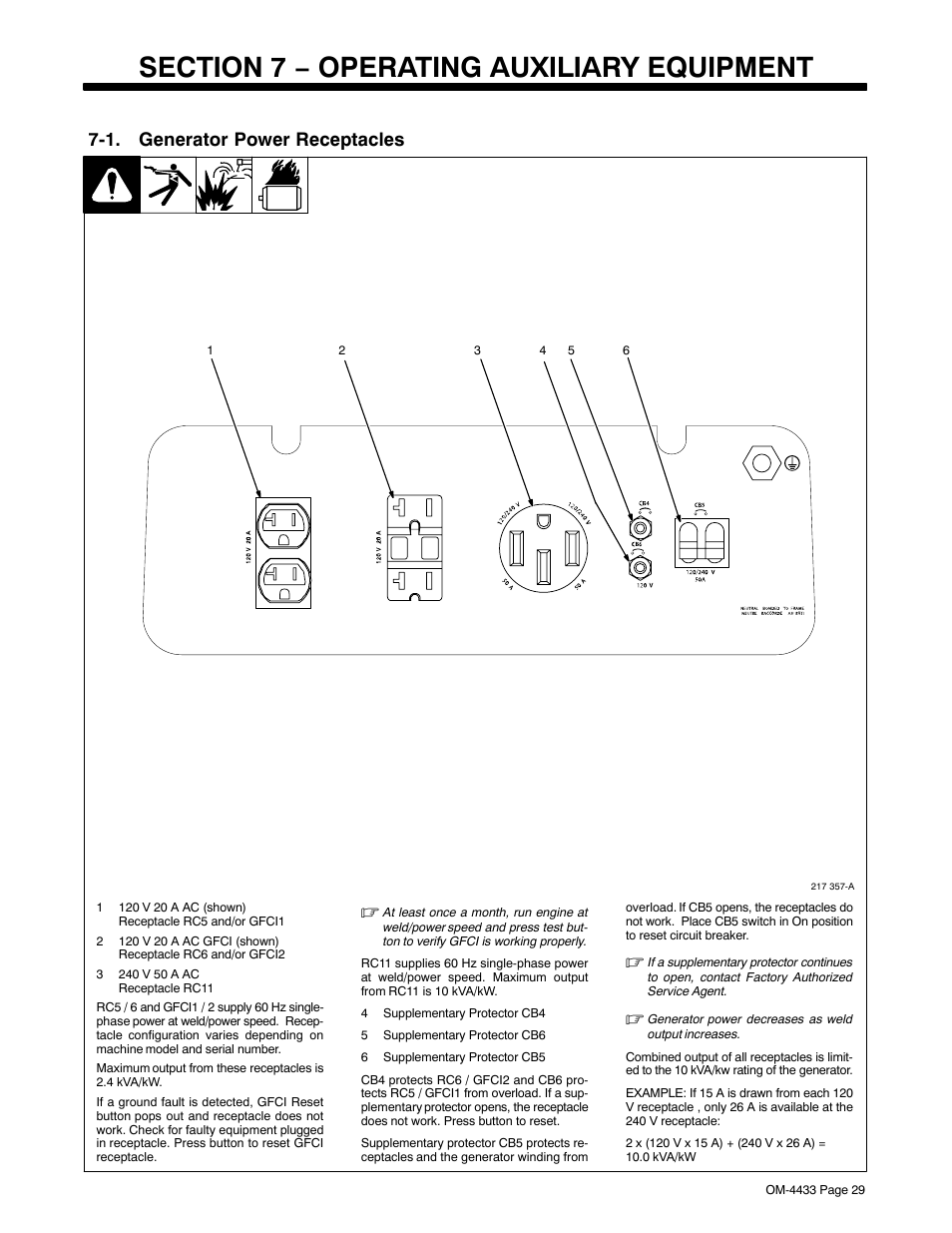 Section 7 − operating auxiliary equipment, 1. generator power receptacles | Miller Electric Big Blue 300 P User Manual | Page 33 / 72