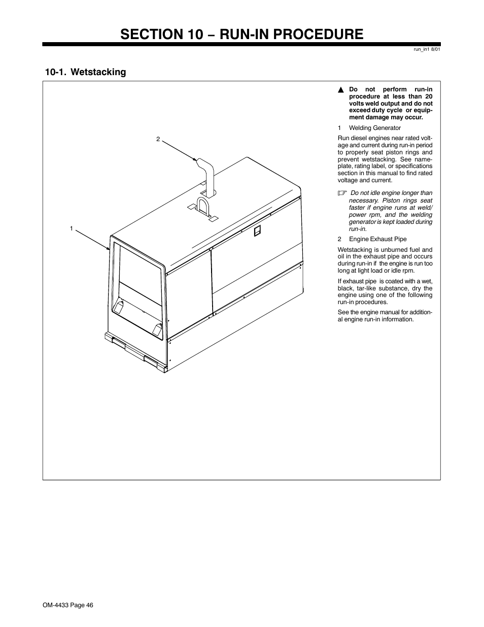 Section 10 − run-in procedure, 1. wetstacking | Miller Electric Big Blue 300 P User Manual | Page 50 / 72