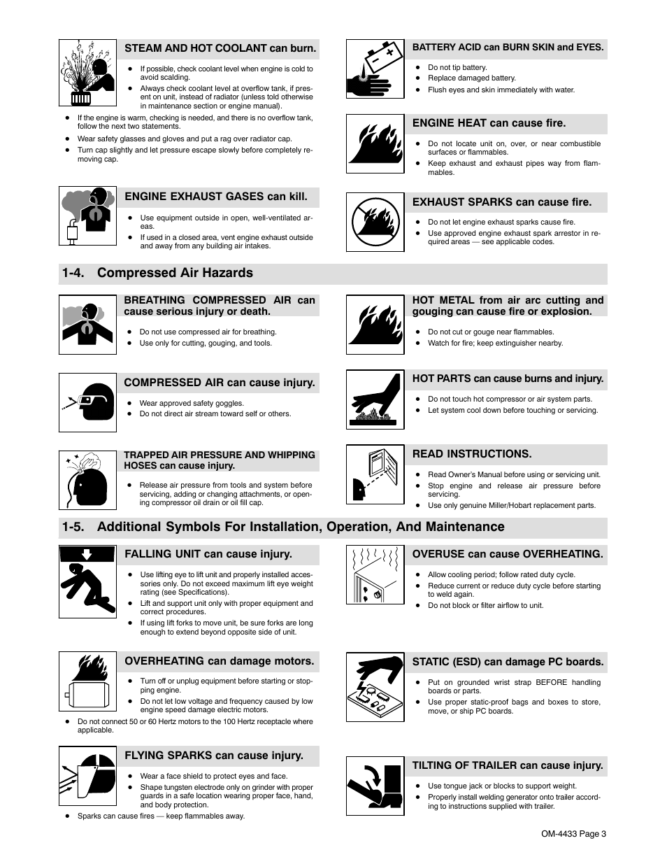 4. compressed air hazards, Steam and hot coolant can burn, Engine exhaust gases can kill | Engine heat can cause fire, Exhaust sparks can cause fire, Compressed air can cause injury, Read instructions, Falling unit can cause injury, Overheating can damage motors, Flying sparks can cause injury | Miller Electric Big Blue 300 P User Manual | Page 7 / 72