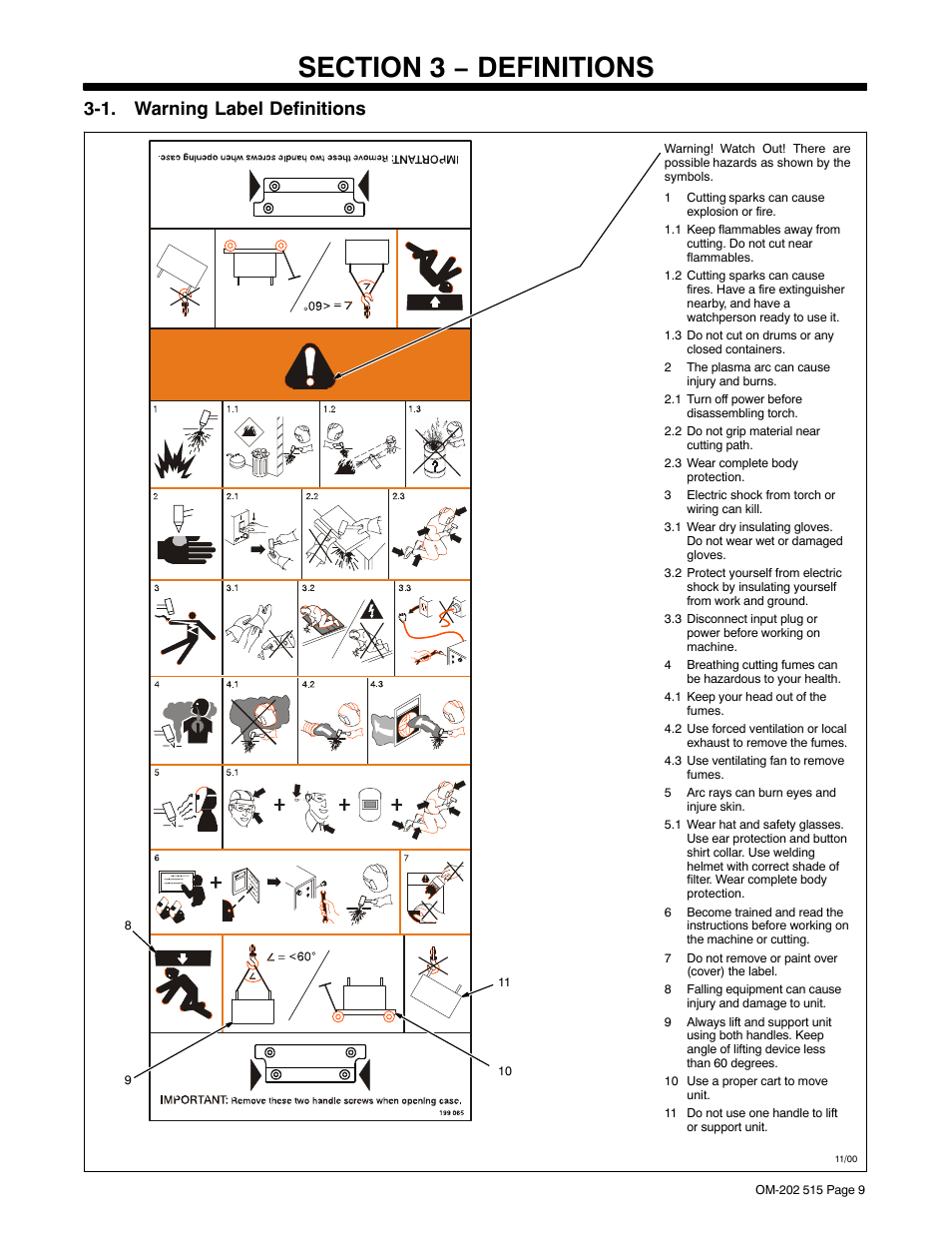 Section 3 − definitions, 1. warning label definitions | Miller Electric UPC 838 User Manual | Page 13 / 36
