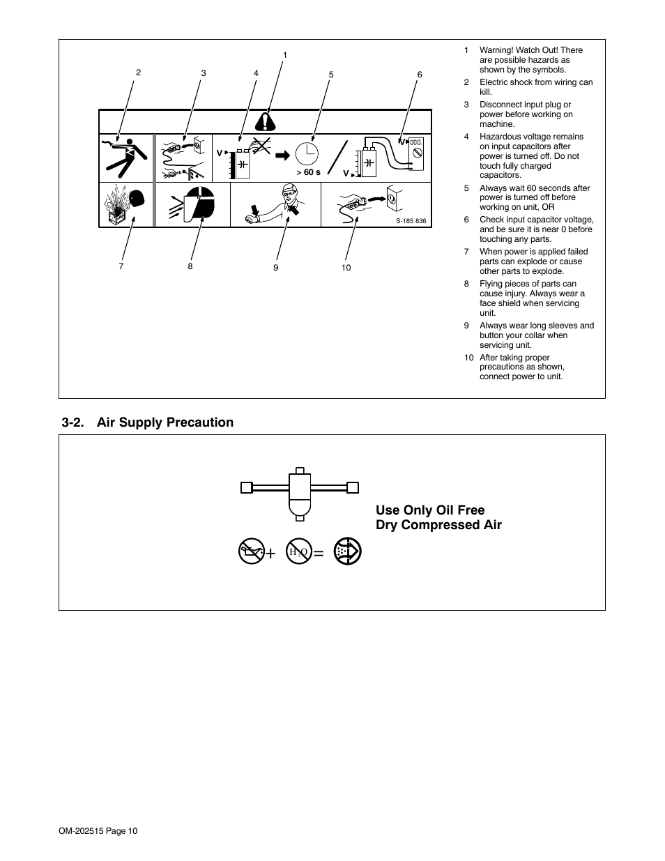 2. air supply precaution, Use only oil free dry compressed air | Miller Electric UPC 838 User Manual | Page 14 / 36