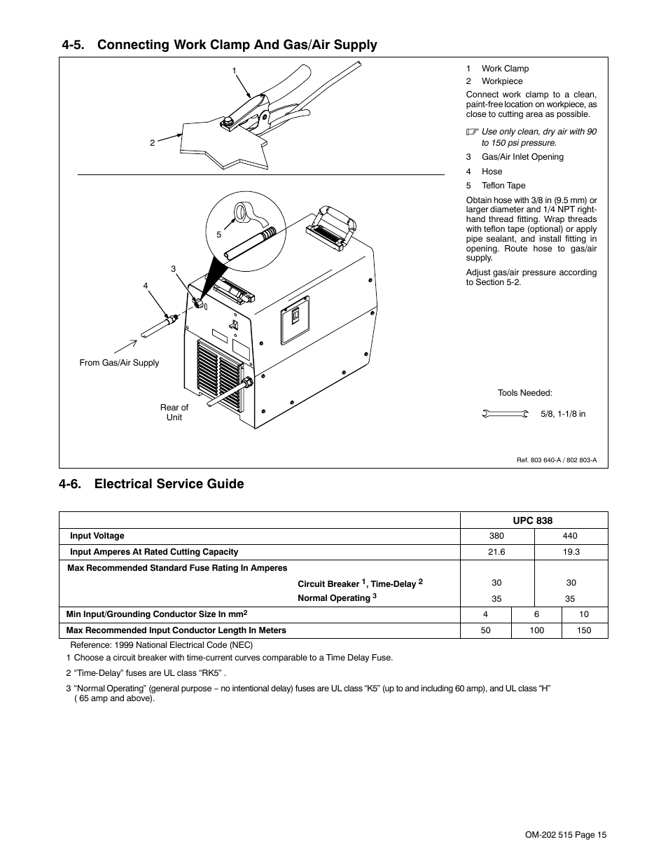 5. connecting work clamp and gas/air supply, 6. electrical service guide | Miller Electric UPC 838 User Manual | Page 19 / 36