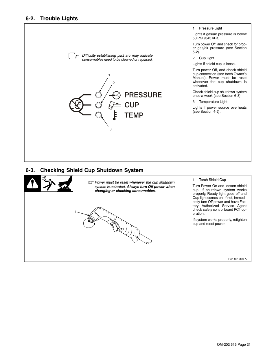 2. trouble lights, 3. checking shield cup shutdown system | Miller Electric UPC 838 User Manual | Page 25 / 36